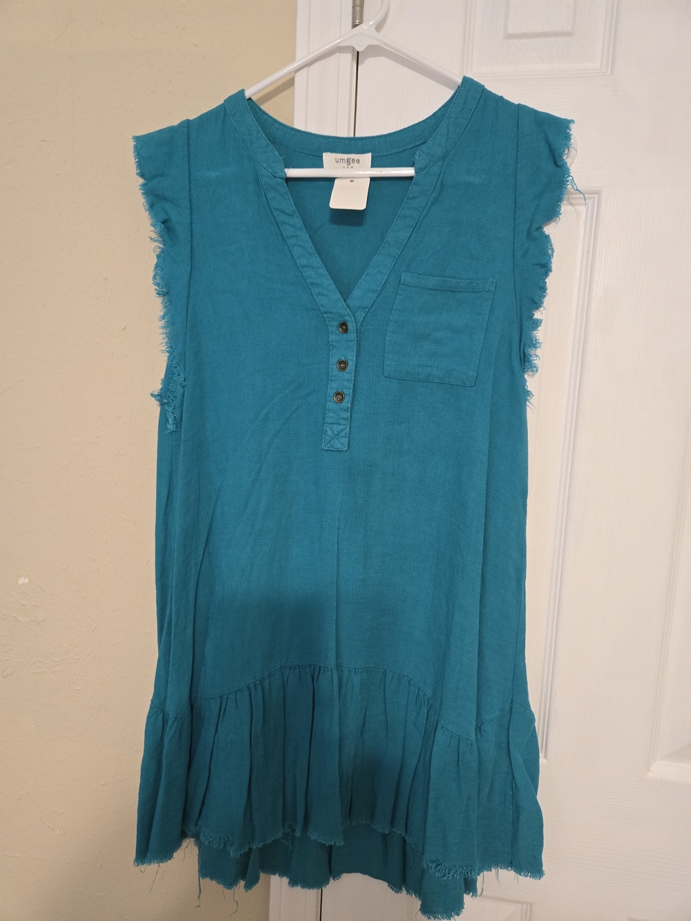 Umgee Teal Frayed V-Neck Button Placket Dress